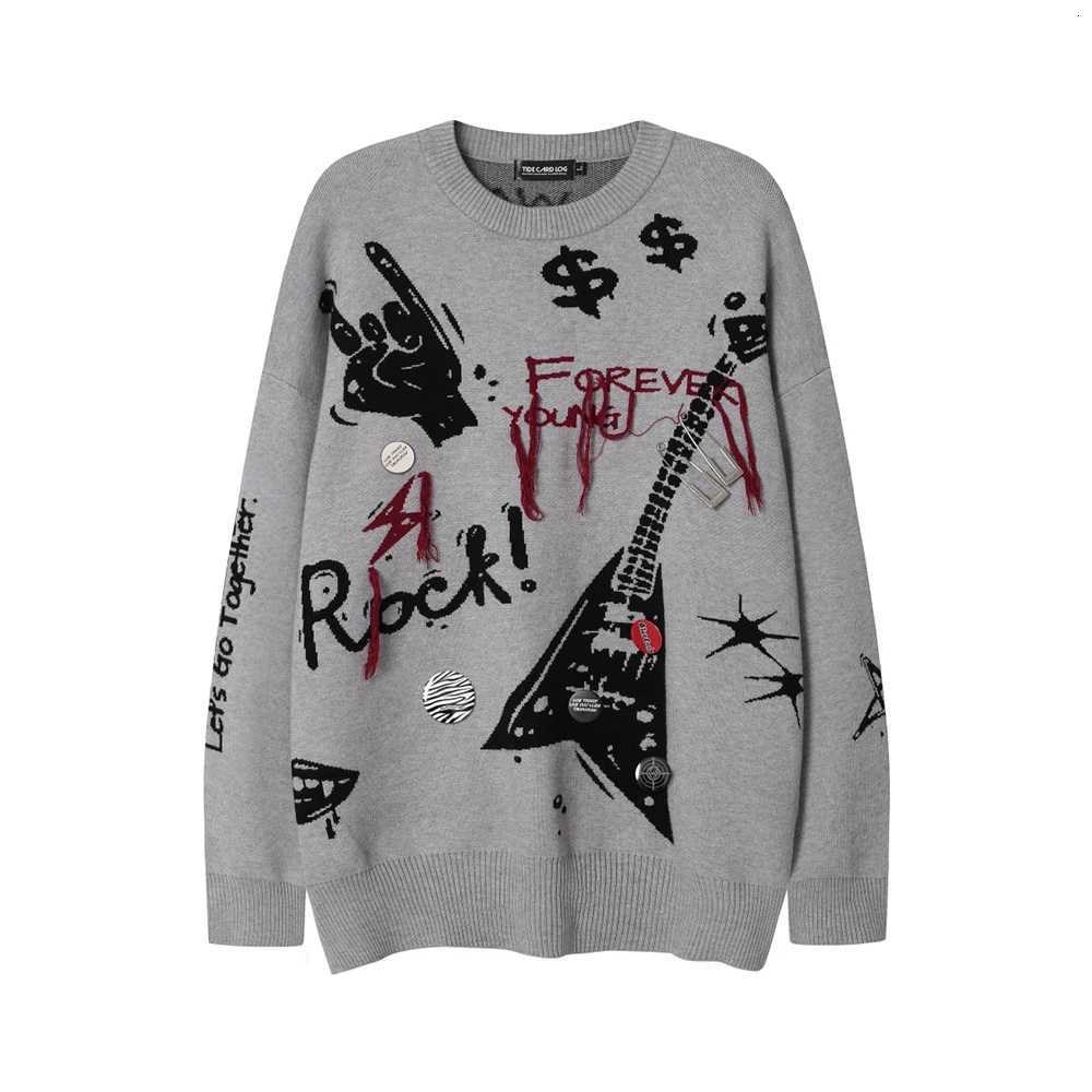 High Men's Sweaters Street Letter Graffiti Baggy Pullover Sweater for Men and Women Round Neck Black Gray Knitted Wool Sweaters Oversized C2609