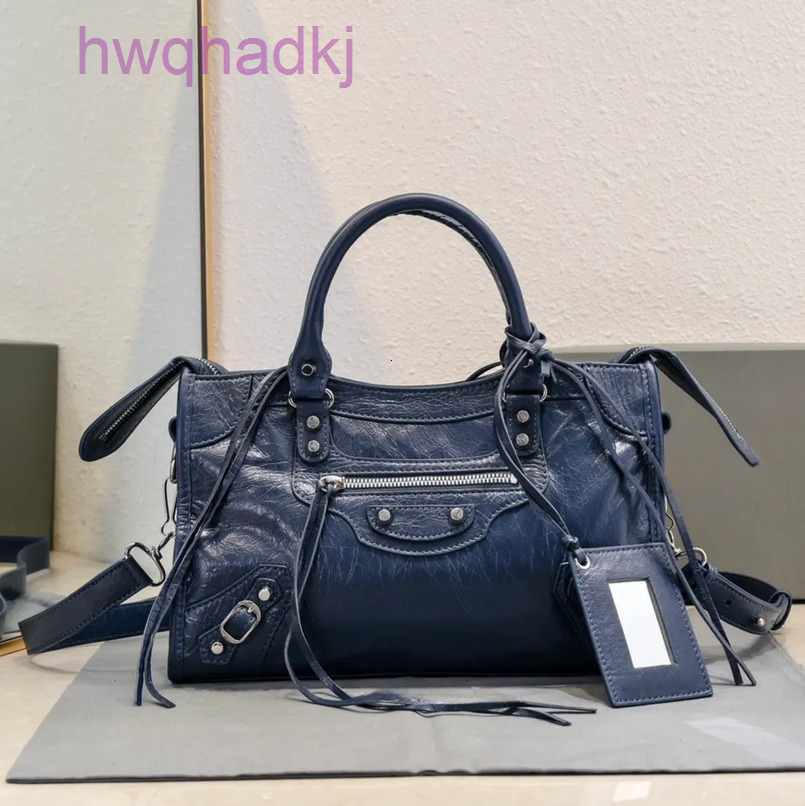Classic Neo City Motorcycle Tote Luxury Sheepskin Genuine Leather Shoulder Handbag Crossbody Attached Mirror 31CM Blue 12A Quality Designe26