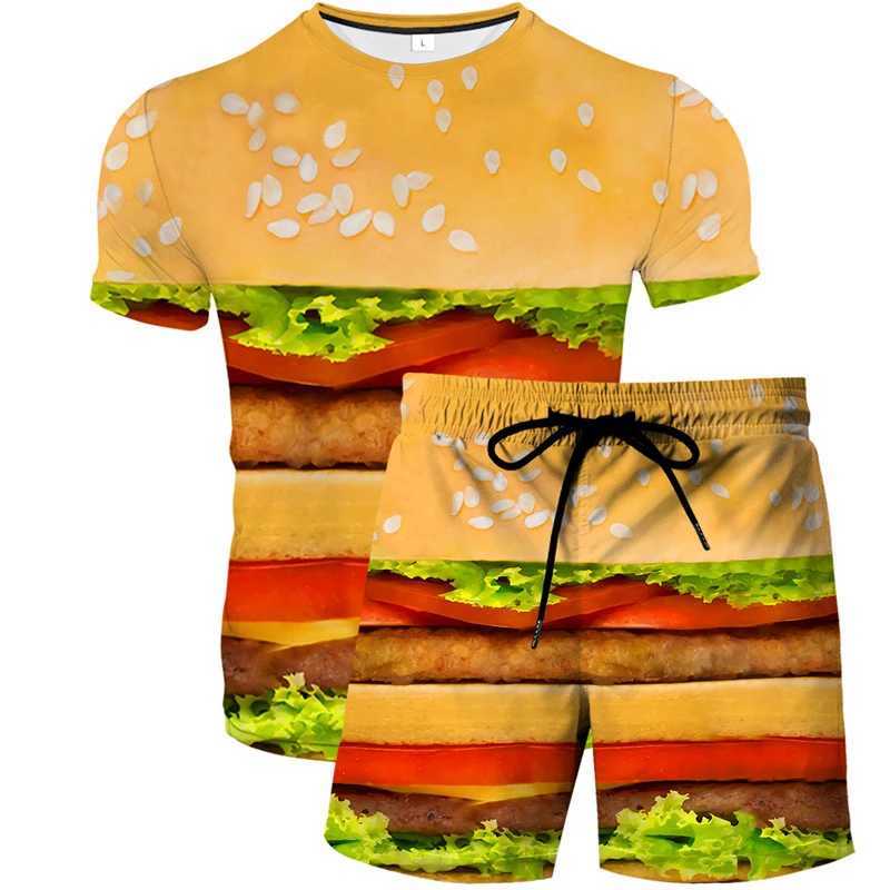 New Funny Hamburger 3D Print Tracksuit Men's Hip Hop Short Sleeve T-Shirts Shorts Sets Streetwear Sportswear Kids Suits Clothing T260924