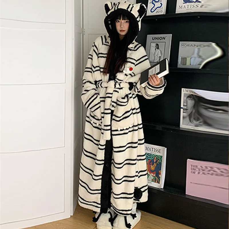 Lounge Women's Sleep Women Winter Thick Coral Fleece Hooded Bathrobe Black White Striped Long Robe Cute Animal Ear Oversized Ladies LoungewearC