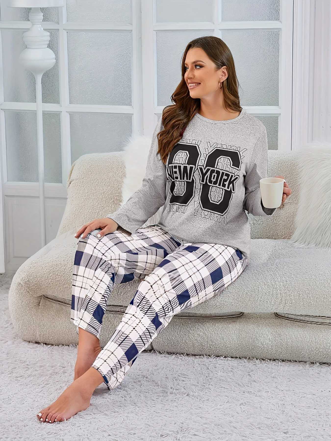 Women's Sleep Lounge 2-Piece Set of Women's Autumn Pajamas Fashionable Casual Letter Plaid Print Long-Sleeved Long Pants Can Be Worn Outsi