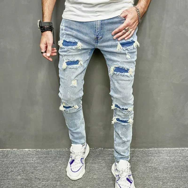 Skinny Men Jeans Holes Vintage Denim Wash Pencil Pants 2025 Pockets Solid Casual Slim Fit Punk Style Spliced Distressed 2025 S2609242ZAP