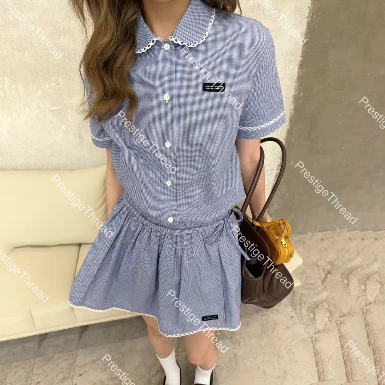 Vintage Luxury Peter Pan Collar Short Sleeve Shirt Elastic Ladies Summer New Cotton Striped Blue Skirt Set, Designe