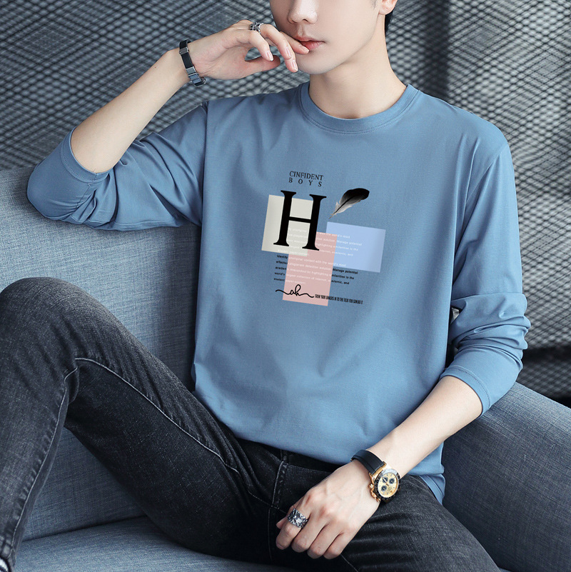 New and spring long-sleeved T-shirt for men, round neck, trendy, plus size, autumn top, men's base layer, thin