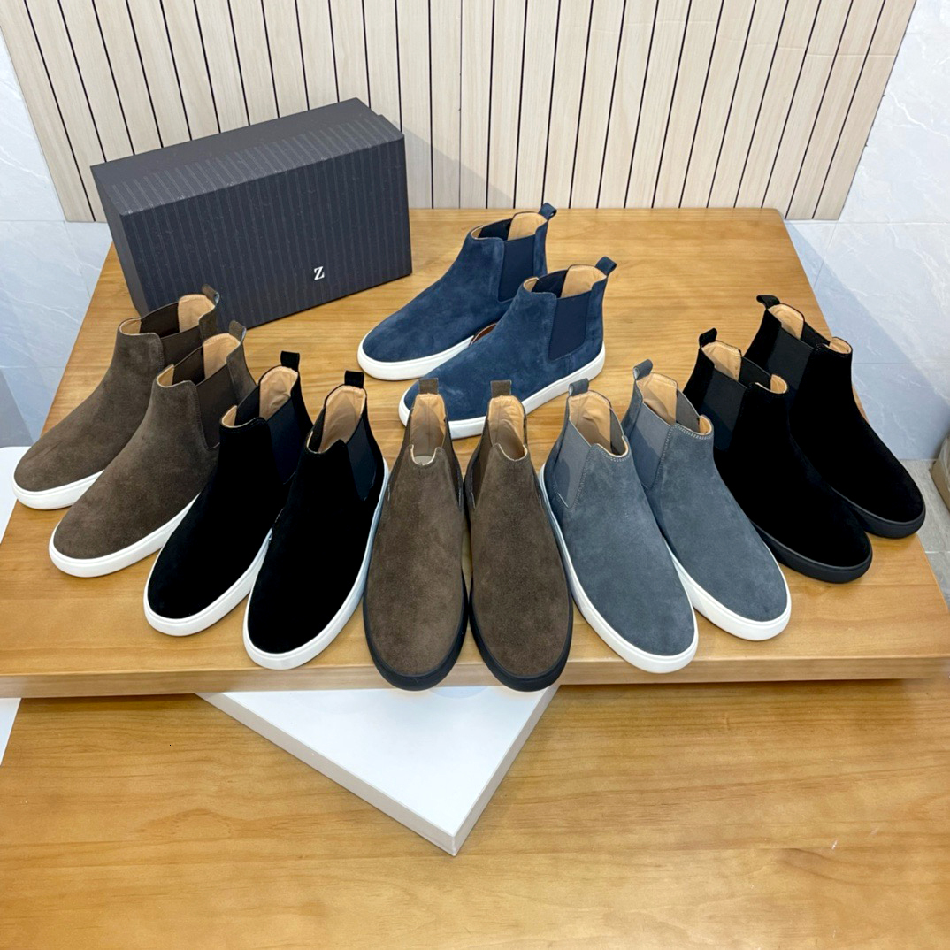 Chelsea Ankle Boots Elastic Side Slip On Autumn Mens Genuine Leather Suede Short Boots Flat Winter Casual Shoe Outdoor Luxury Designer Dress Shoe mo