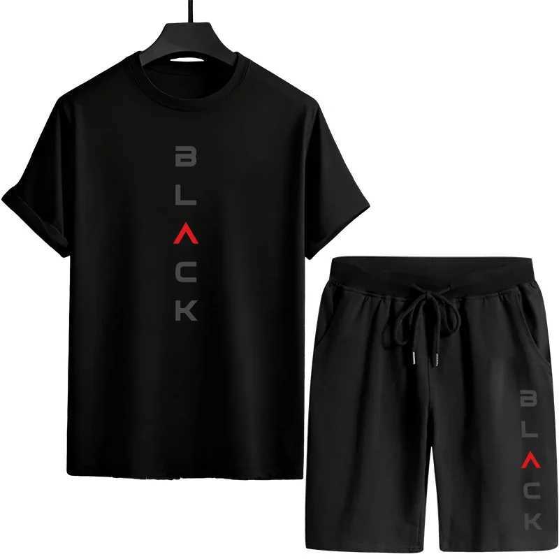 Men's Black Letter Printed Summer Sandal Two-Piece Set Casual Sportswear T-Shirt Shorts Comfortable Outdoor Home Wear T-Shirts T260924