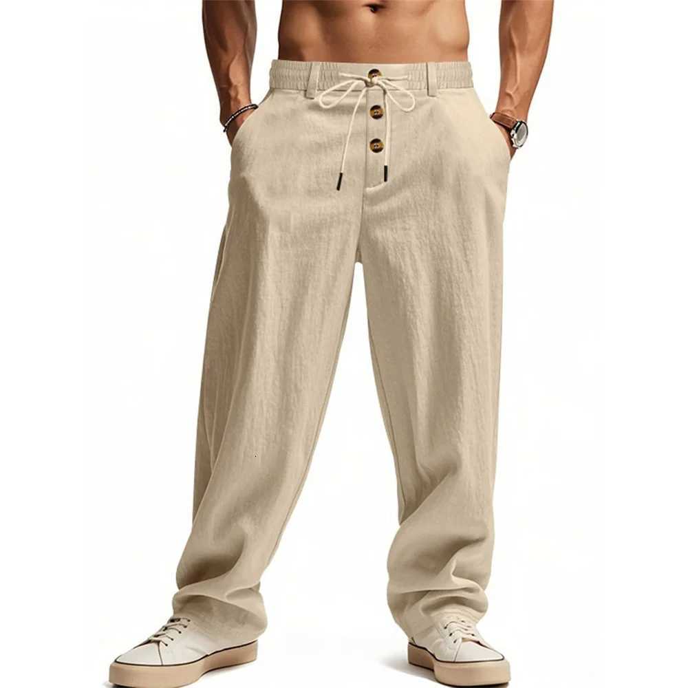 Men's Pants Autumn New Men's Cotton Pants Solid Color Button Drawstring Design Casual Loose Fit Cozy Trousers Simple Style Long Pants H260