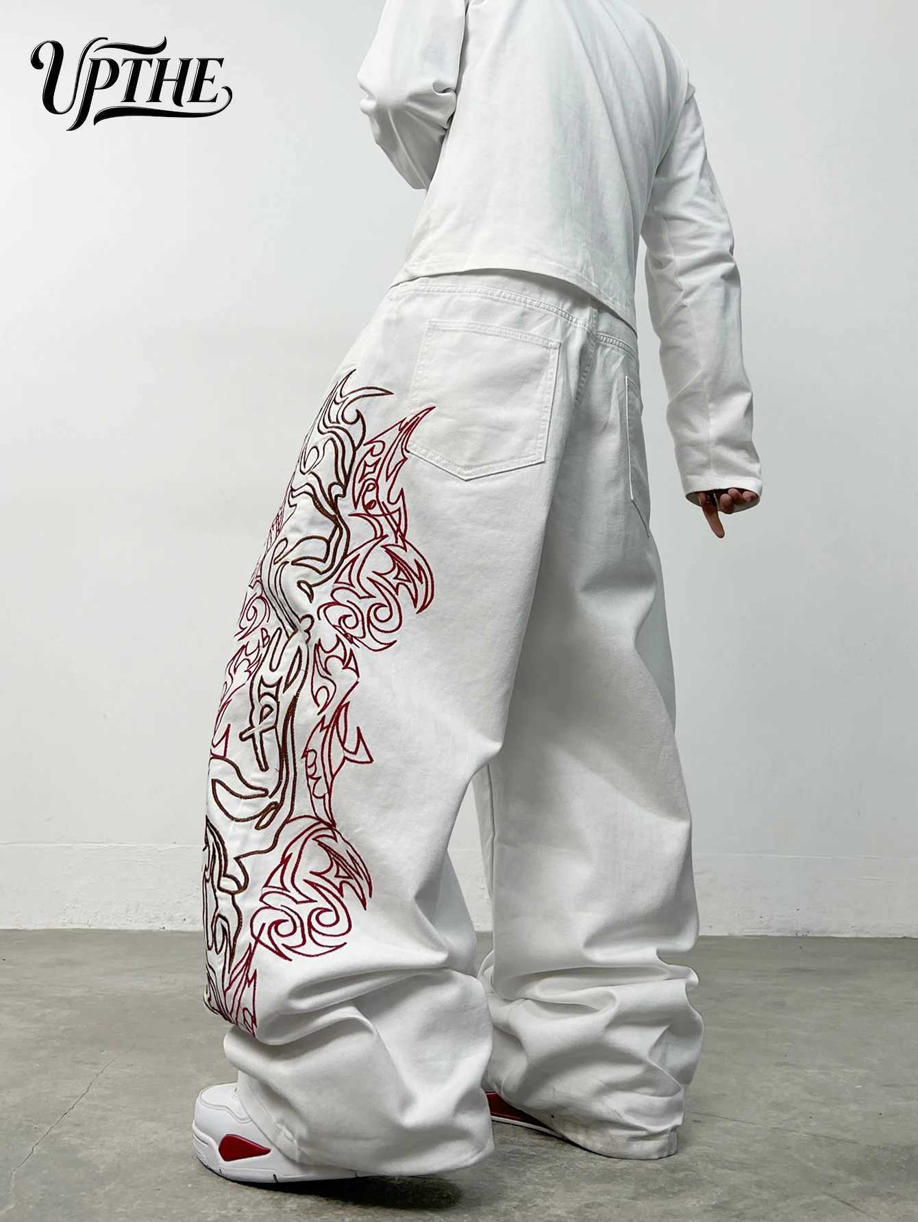 Men's Ultra Baggy Wide Leg White Jeans Y2K Large Tribal Totem Embroidery Denim Pants Loose Fit Hip Hop Streetwear Casual Trousers for Men S2609