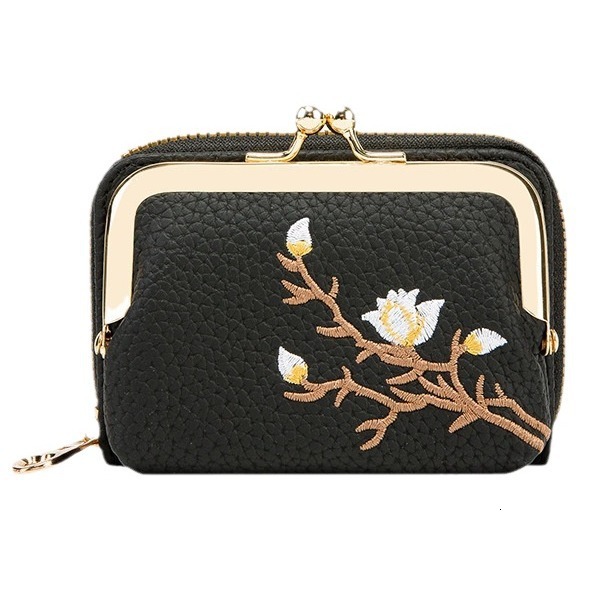 Embroidered flower mini women's wallet, lychee texture PU leather accordion holder, INS fashionable kiss lock small wallet, large capacity stud
