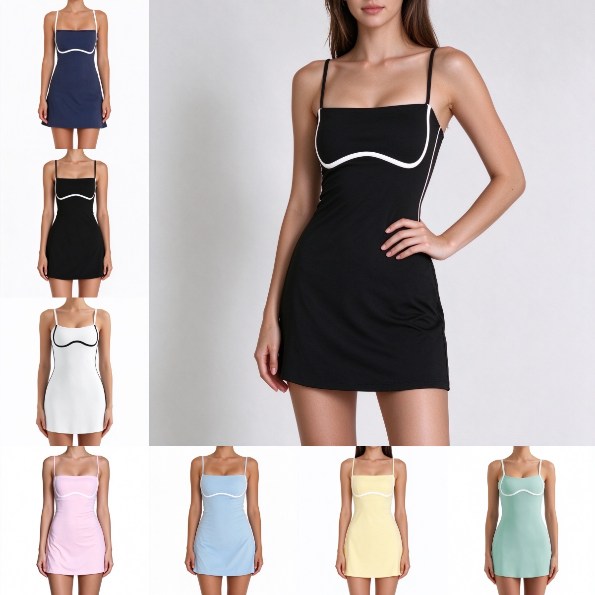 Women's Black Mini Dress Spaghetti Strap Square Neck Bodycon Party Club Tennis Dress 2026 New