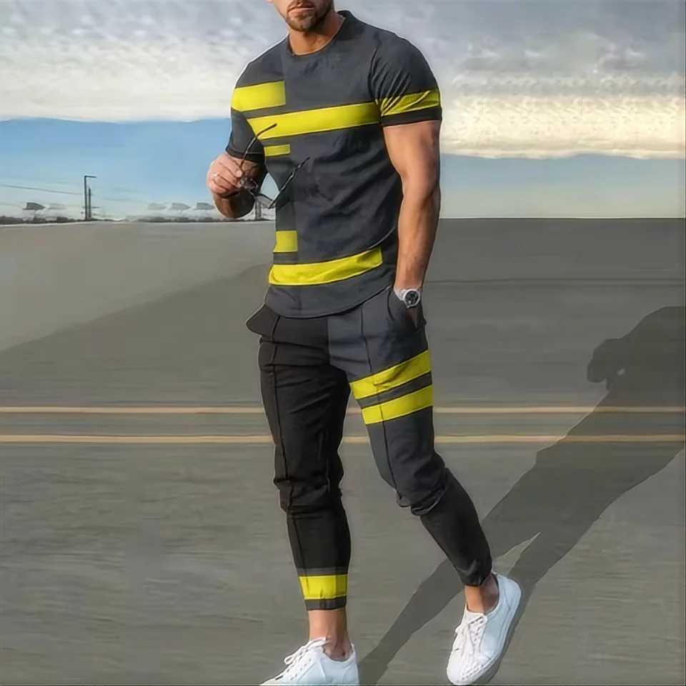 Summer men's sportswear set short sleeved T-shirt long pants two-piece set men's sportswear 3D printed casual trend oversized T260924