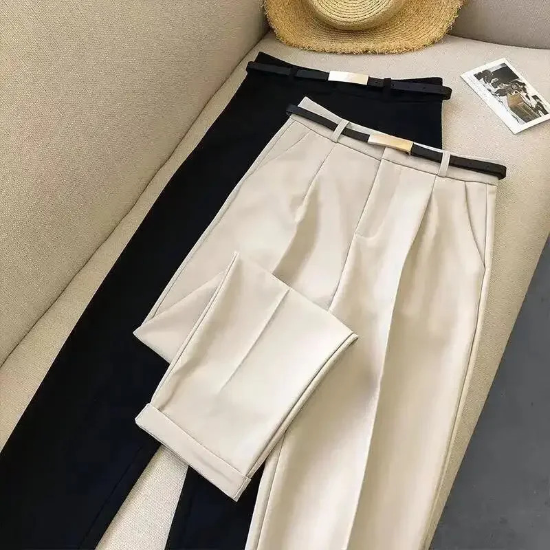 Elegant Summer Casual Pants Women Fashion Solid Color Sashes Slim Straight Trousers Chic Business Mujer Retro Belt Korean Style 260923