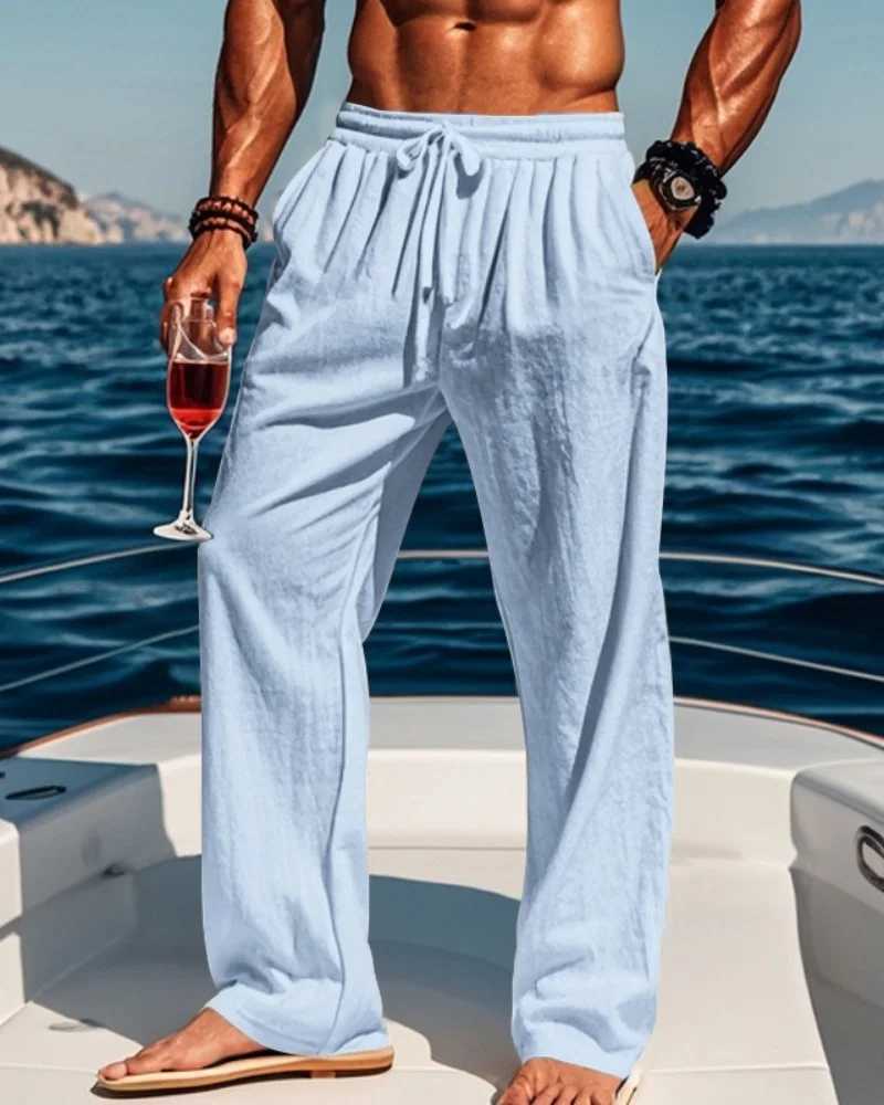 Men's Pants Mens Summer Cotton and Linen Sports Pants Loose and Casual Elastic Waistband Tied Rope Linen Breathable Pants H260924