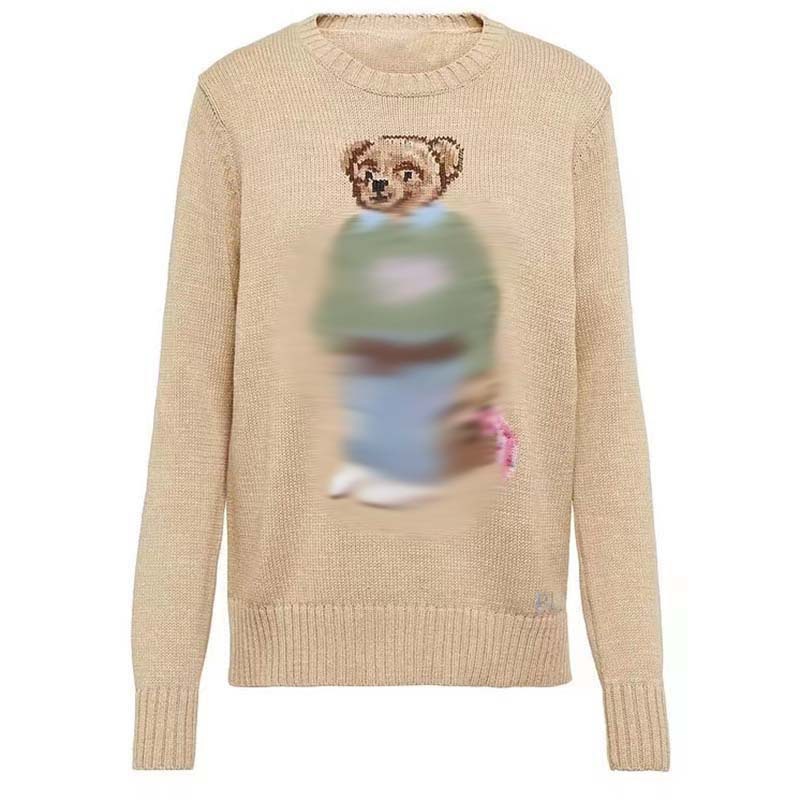 womens round neck knitted sweater with bear pattern embroidery