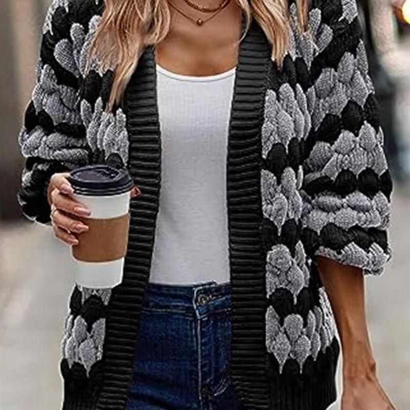 Designer Style Haute Qualité Femmes Câble Tricot Rayé Couleur Bloc Cardigan Lanterne Manches Lâche Ouvert Avant Mi Long Pull Manteau Automne Hive
