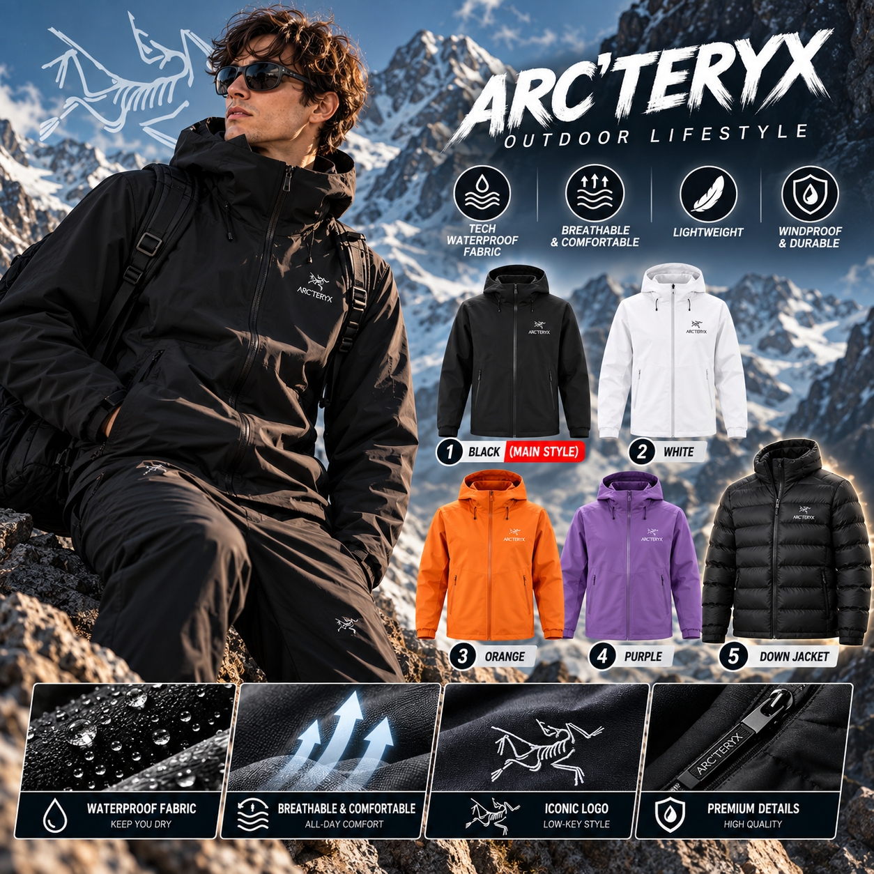 Arcterlys Hardshell Jacket Mens Waterproof Shell Full Zip Hooded Outdoor Hiking Windbreaker Rain Coat Sports Outerwear Climbing Trekking Streetwear
