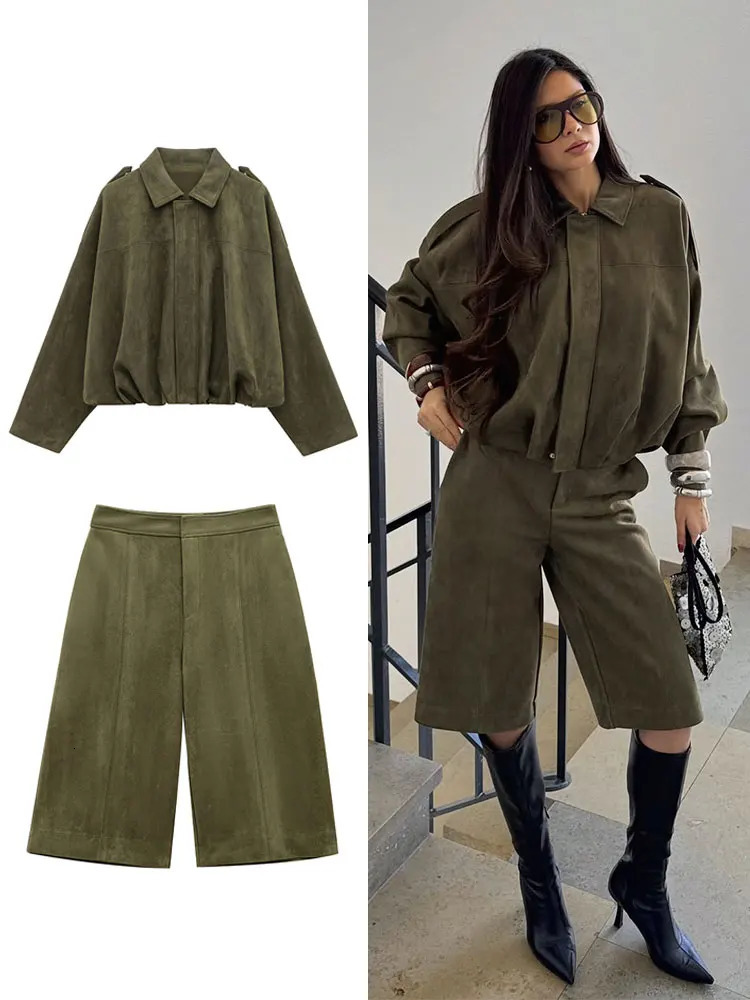 HH Spring Women Suede Coat Pant Sets Lapel Long Sleeve Zipper Jackets Casual Shorts Fashion High Street Lady Outfit 260923