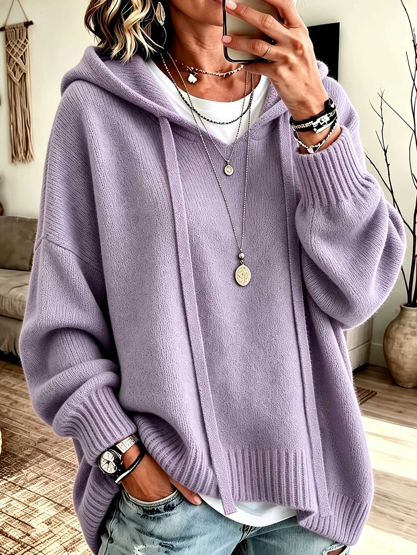 Women's Sweaters Korean Style Hooded Knit Sweater Women Loose Solid Simple Drop Shoulder Lantern Sleeve Autumn Winter 2026 New Fashion Female T