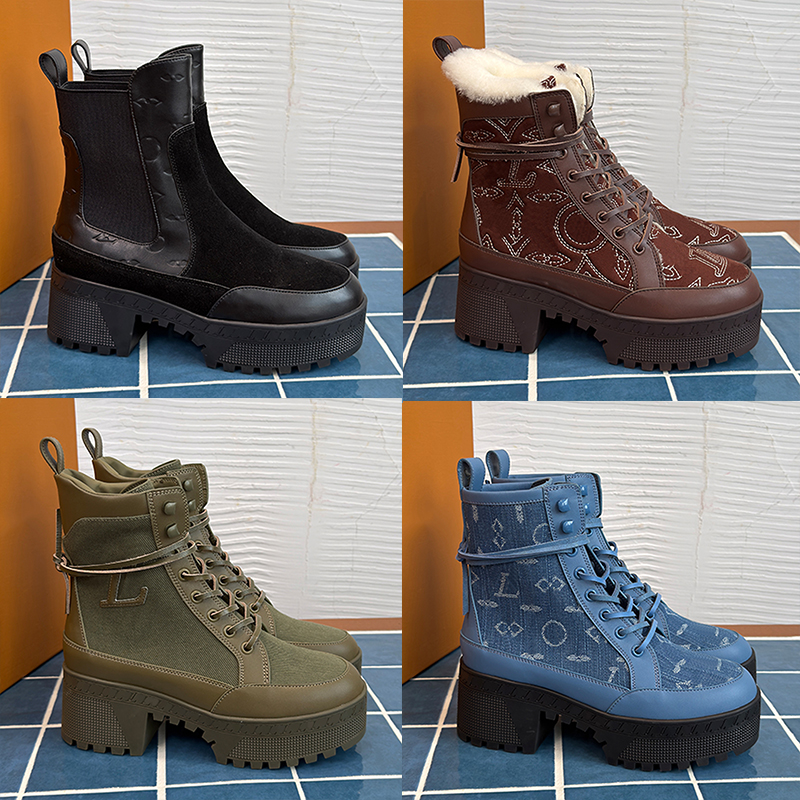 Womens Suede Calf Leather Laureate Desert Boot Designer Patent Monogram Canvas Ladies Ankle Boots Luxury Wrap Around Leather Laces platform Short Bo