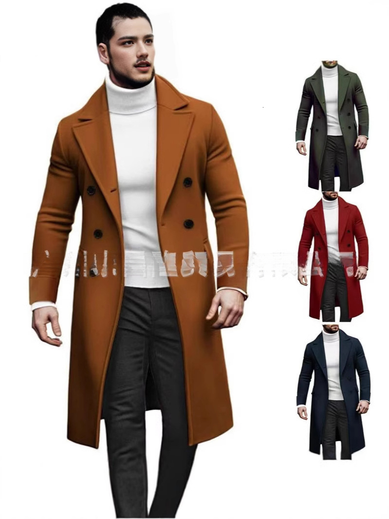 Men Peak Lapel Double Breasted Wool Blend Long Overcoat Slim Formal Winter Business Trench Coat