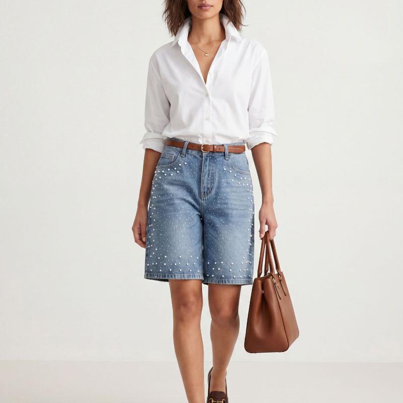 Women High Waist Pearl Embellished Denim Bermuda Shorts Vintage Washed Button Zip Fly Relaxed Fit Casual Streetwear Jean Shorts Five Pocket Design B