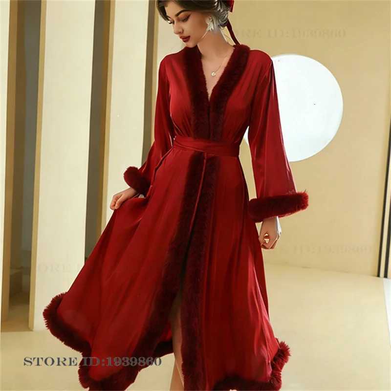 Sleep Lounge Women's Sexy Bride Wedding Robe Dress Elegant Feather Long Bathrobe Nightgown Spring New Luxury Satin Sleepwear Women Homewear Paj