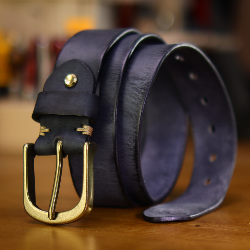 Thickened top-grain leather men's retro belt with stitched detailing, pure copper buckle, American-style workwear belt, drop shipping available