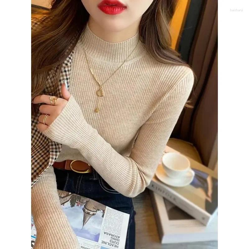 Autumn Winter Mock Neck Women Sweater Vintage Basic Solid Knitted Korean Tops Casual Slim Pullover Sweaters Simple Chic Jumpers
