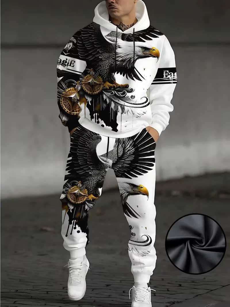 Men's 3D Eagle Print Tracksuit Outfits Street Fashion Hoodies Pants 2-Piece Set Autumn/Winter Casual Sweatshirt Sweatpants Suits T260924