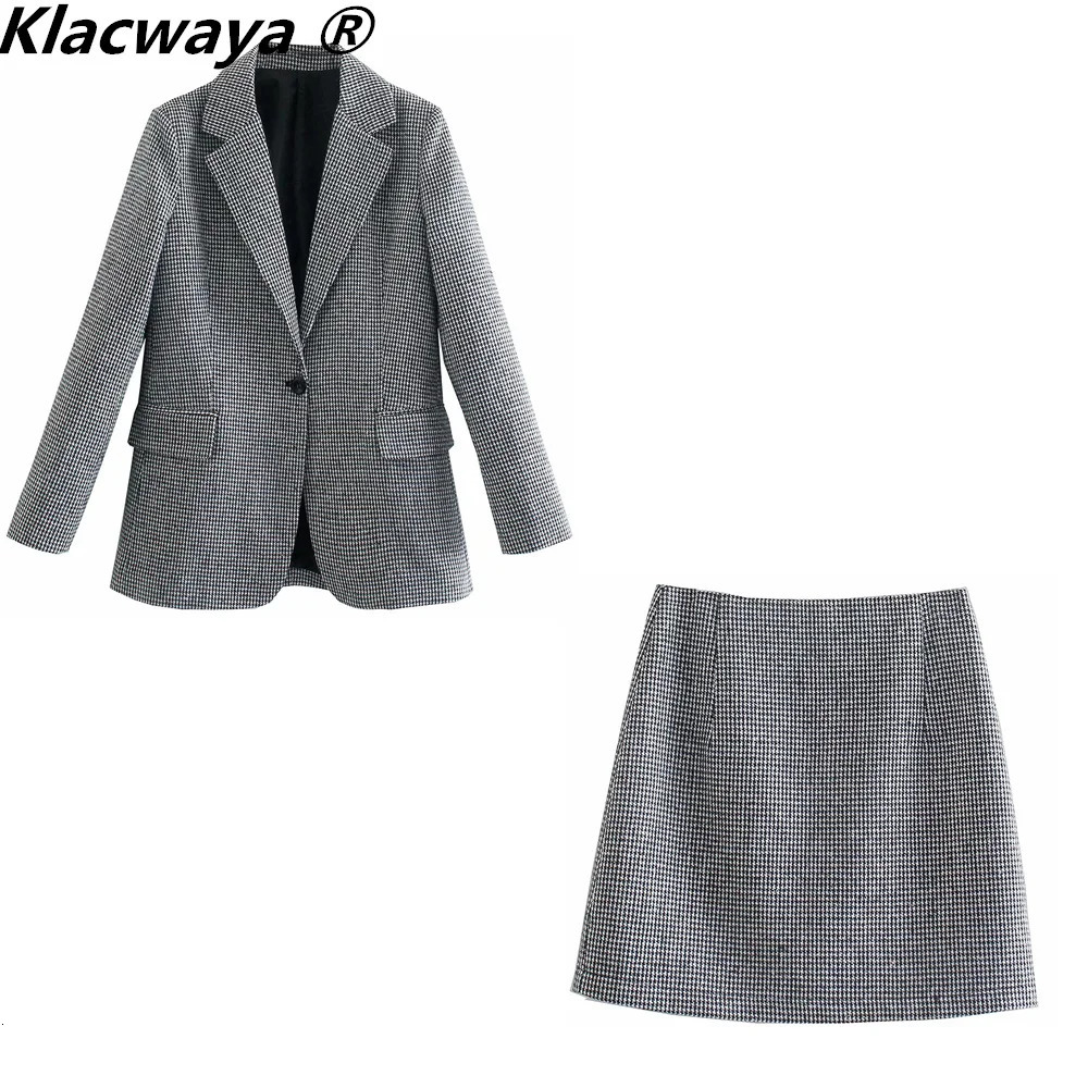 Klacwaya Women Fashion Two-Piece Set Vintage Single Button Long Sleeve Checkered Blazer Female High Waist A-Line Skirt Suit 260923