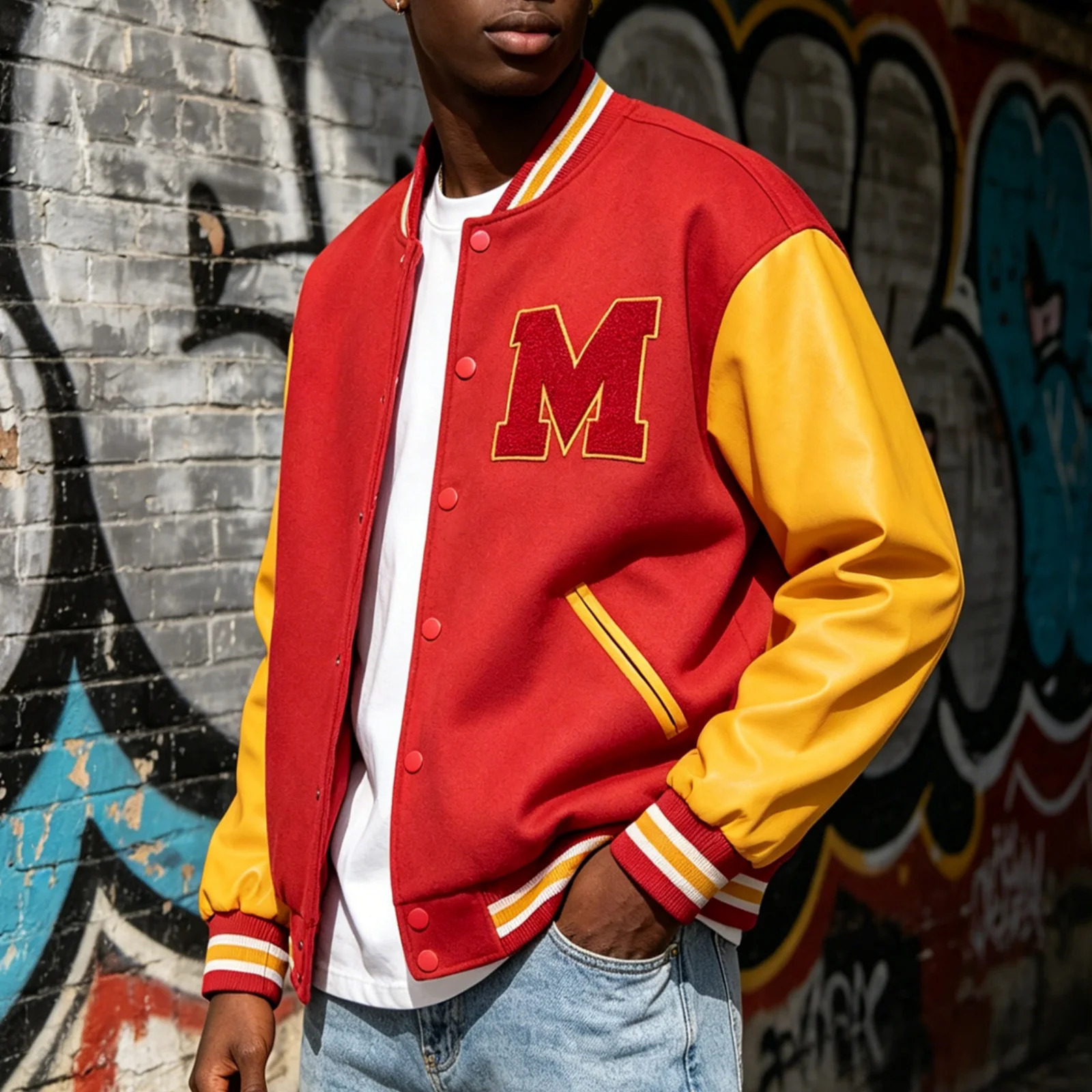 Mens M Letter Varsity Jacket Vintage Faux Leather Sleeve Baseball Letterman Coat Red Yellow Streetwear for Casual Wear 260923