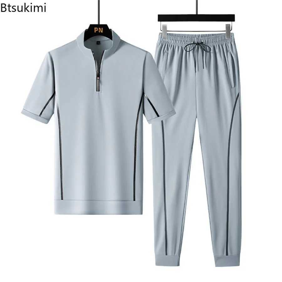 2026 New Men's Fashion Ice Silk Short Sleeve Sets Summer Casual Breathable T-shirts and Pants Male Sports Fitness Two Piece Sets T260924
