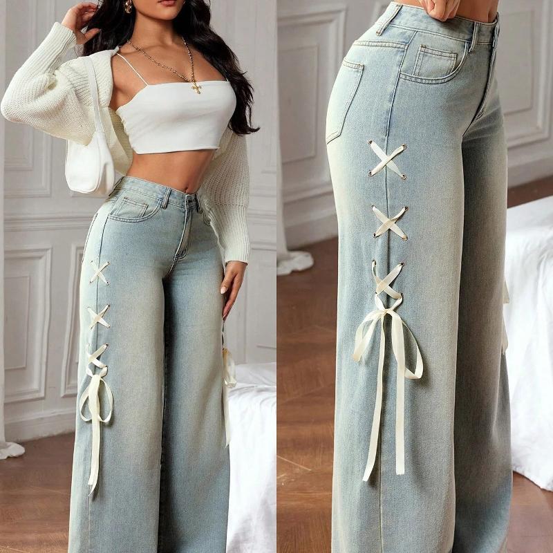 Style de créateur Nouvelle Arrivée Haute Qualité Femmes Taille Haute Jambe Large Jeans Paon Bleu Lâche Droite Denim Pantalon avec Noeud Latéral R