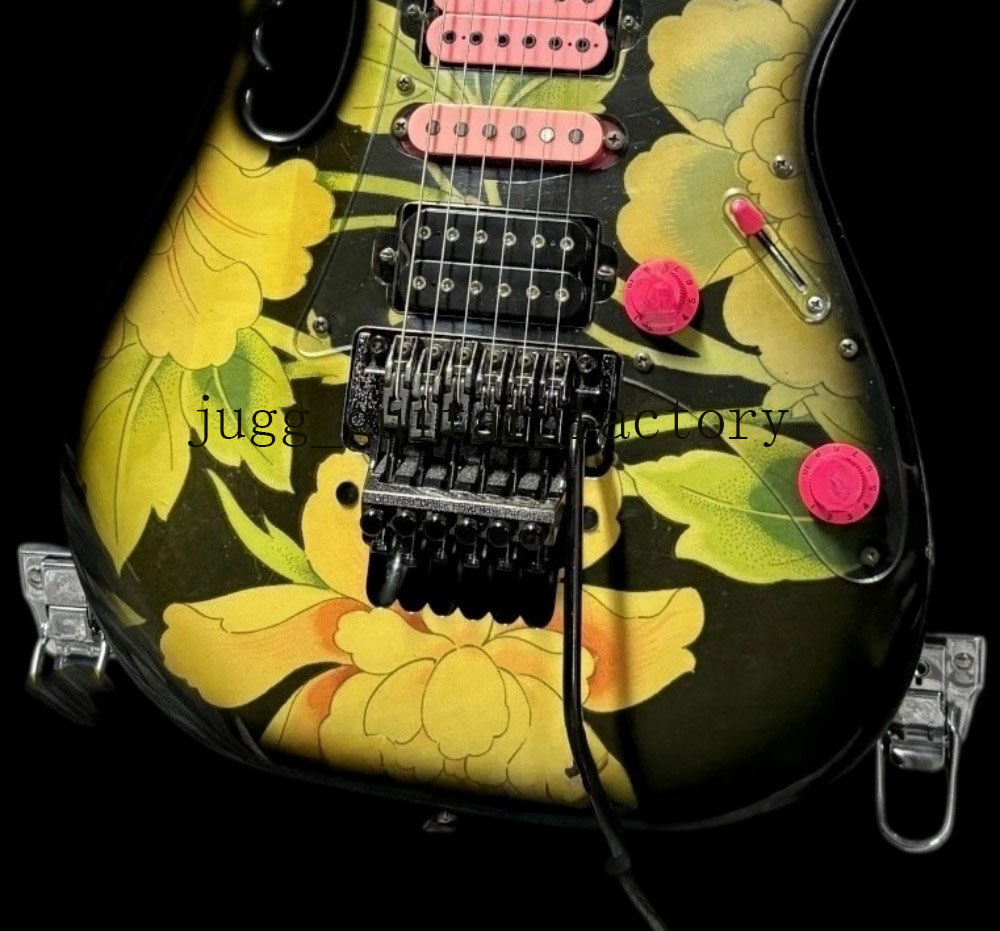 hot Flower Electric Guitar with Green Vine Inlays and Black Hardware, Floyd Free Shipping