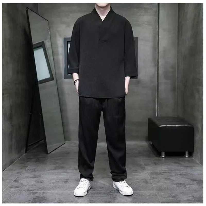 Ice Silk Drape Chinese Style Men's Thin T-shirt Men's Short-sleeved Summer Loose Large Size Two-piece Set T260924