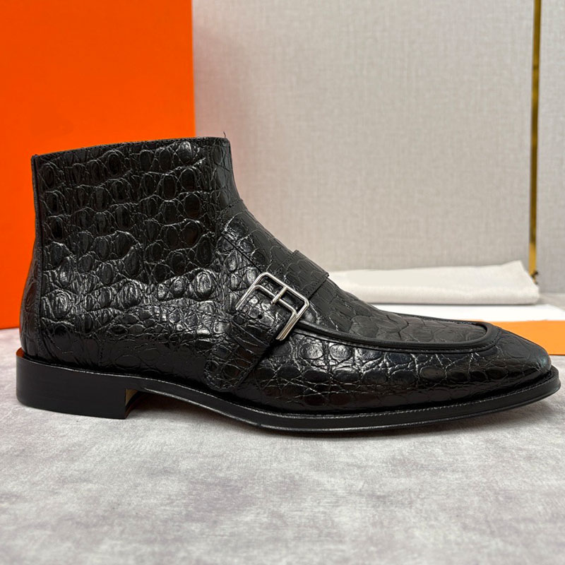 Crocodile Patterned Short Boots Designer Mens Business Style Metal Buckle Square Toe Chelsea Boots Stiff Leather Formal Banquet Commuting High Top L