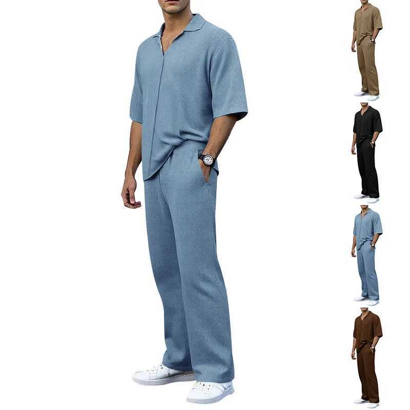 2025 New Spring Summer Two-Piece Beach Suit Men's Retro Casual Suit Collar Solid Color Half-Sleeved Shirt Loose Drawstring Pants T260924