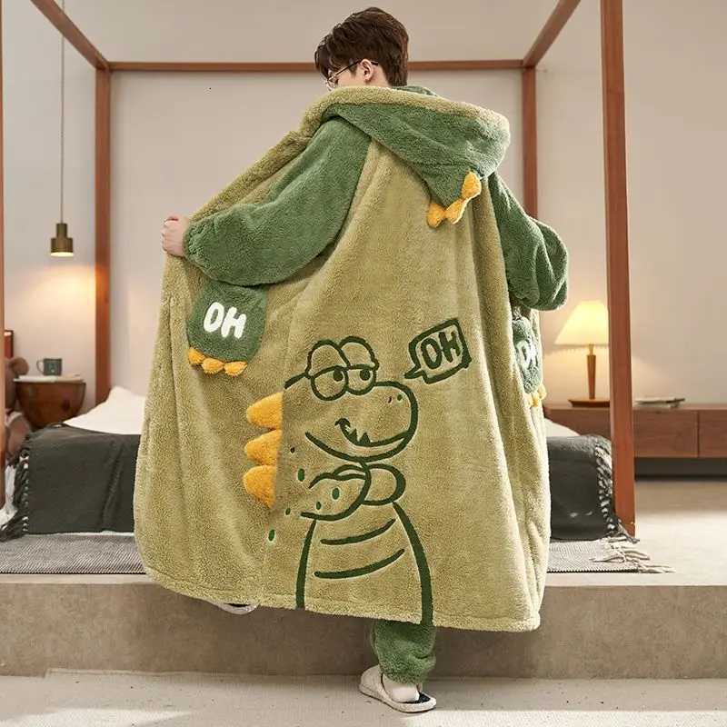 Sleep Lounge Women's Adult Winter Grey Husky Dog Cute Cartoon Print Thick Coral Pajama Set 3D Ear Hooded Robe with Pants Warm Fluffy SleepwearC