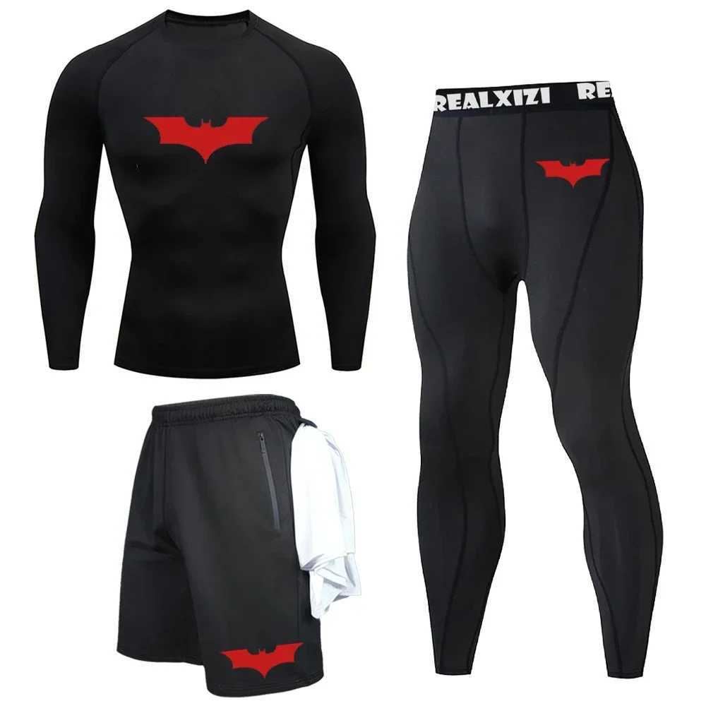 Bat Graphic Print Long Sleeve Set Men's Compression T-Shirt Shorts Pants Suit 3 Piece Set Spring Summer Gym Fitness Sportswear T260924