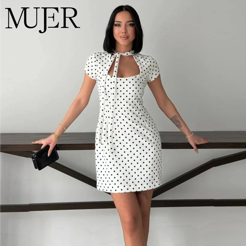 MUJER Polka Dot Women's Dress Bow Cut out Short Dresses for Women Summer Party Dresses 2026 Woman Short Sleeve Mini Dress Women 260922