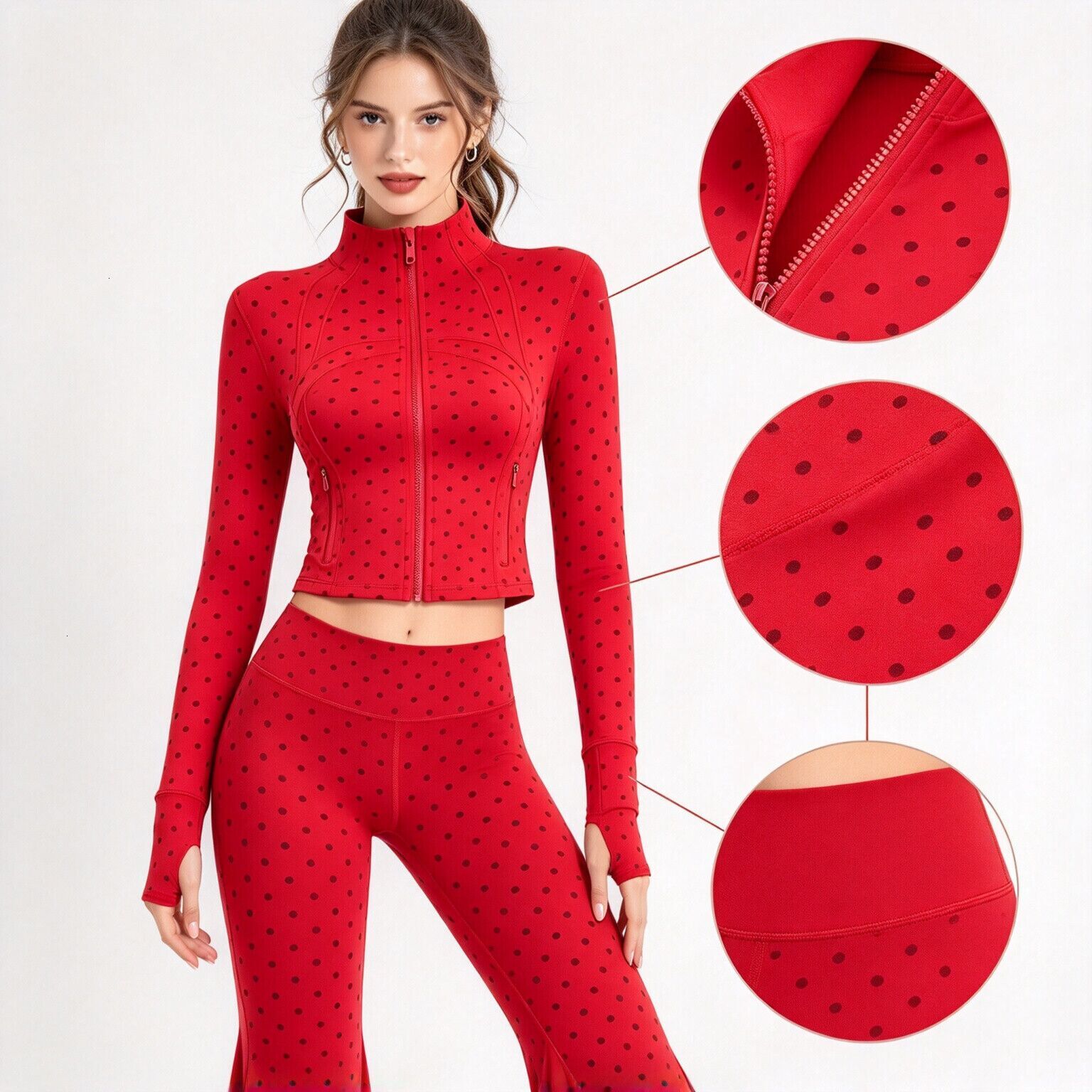 Women Red Polka Dot 2 Piece Yoga Sportswear Set, Full Zip Cropped Shaping Jacket, High Waist Flare Leggings, Ladies Gym Fitness Jogging Running Work