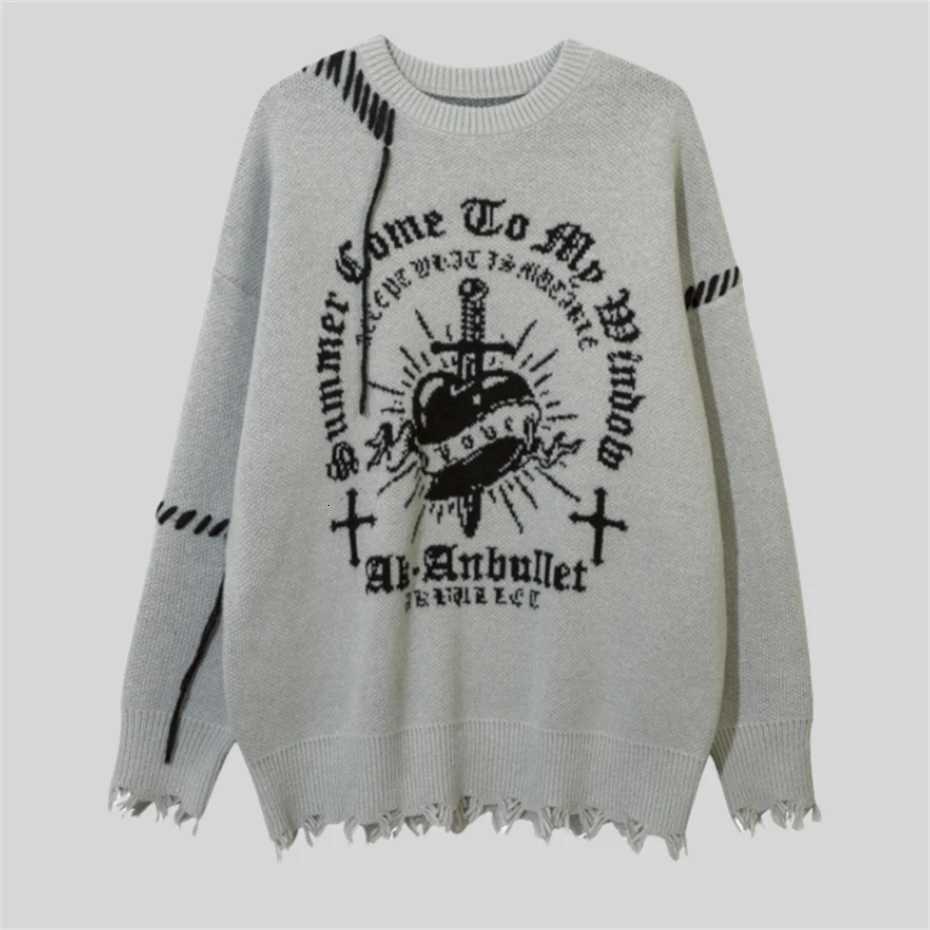 Torn Men's Sweaters Heart Cross Sweater Men Vintage Y2K Streetwear Hip Hop Knitted Sweater Winter Pullover Men Harajuku Fashion Retro Sweaters