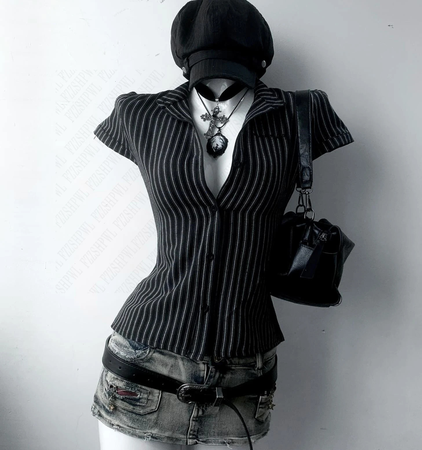 Y2K Stripes Slim Fashion Punk Women Goth Aesthetic Camisole Harajuku Classic Soft Singlet Mature Short Sleeve Clothing 260923