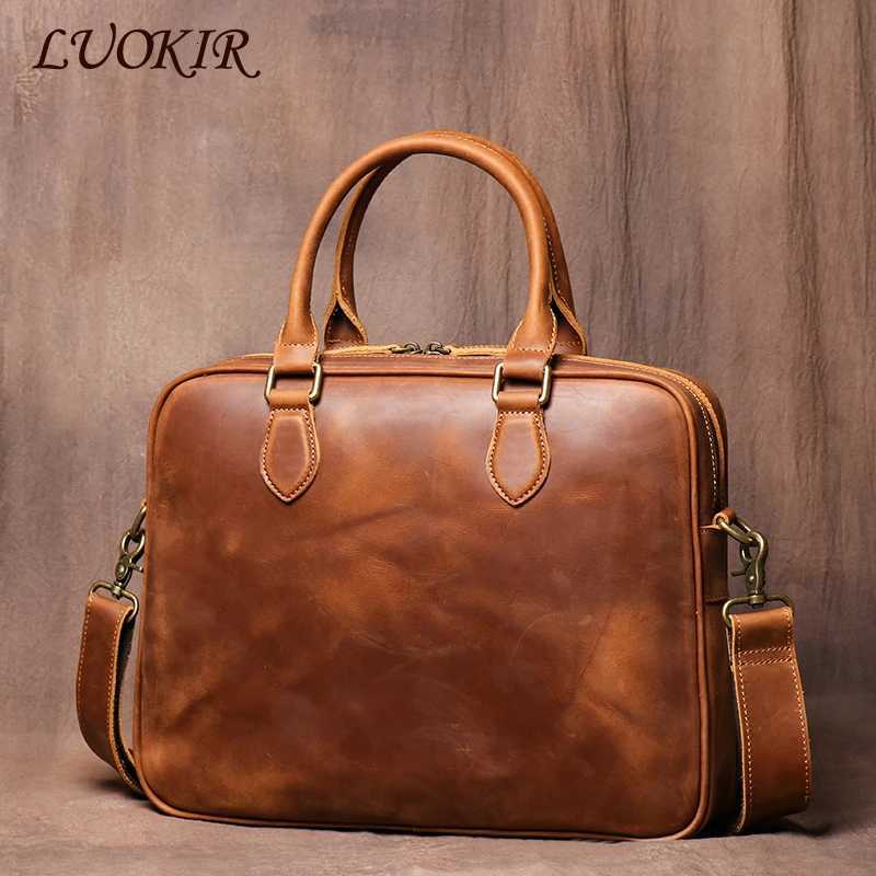 Briefcases LUOKIR Vintage Crazy Horse Cowhide Briefcase Men's Leather High Grade Handbag Simple Document Package Casual Office Computer Bag H26