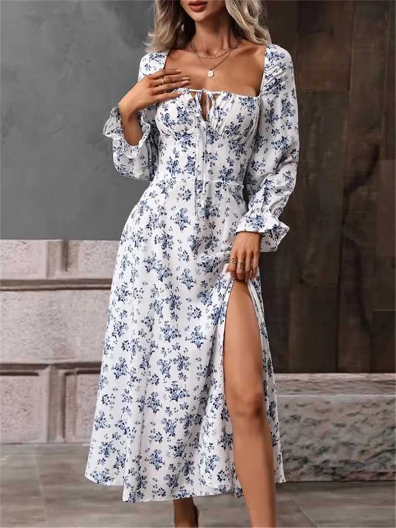 Lounge Women's Sleep Spring Floral Print Long Dresses Women Long Sleeve Lace Up Side Split Sexy Dress Ladies Vintage Backless Boho Beach Holida