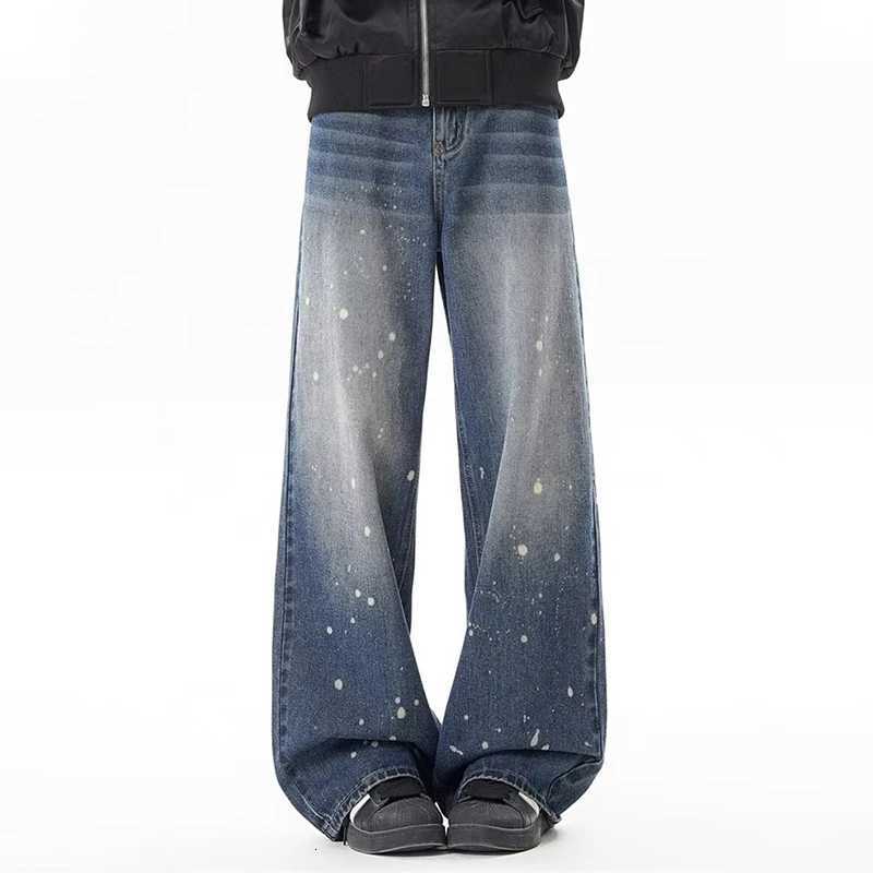 Men's Jeans New American Retro Washed Casual Denim Pants For Men Tie-dye Ink Printed Straight Baggy Jeans Y2K Streetwear Distressed Jean H26092