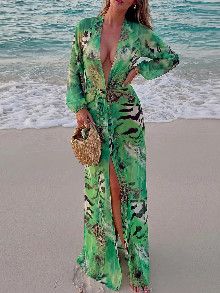 Nibber Lantern Sleeve Tiger Stripe Print Long Dress Woman Autumn Trend Deep V-Neck Sexy Backless Beach Party Elegant Vestidos 260922