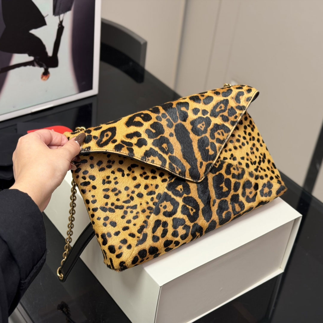 Women Leopard Print Envelope Shoulder Bag Soft Pony Hair Leather Chain Crossbody Purse Premium Top Quality Clutch Large Capacity 29.17cm Magnetic Fl