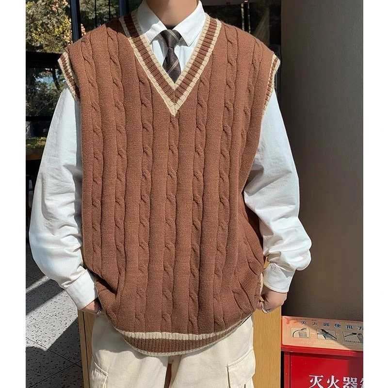 Sweaters Men Men's Trendy American Vintage JK Preppy Style Oversized Knitted Sweater Vest Y2K Streetwear V Neck Sleeveless All Match Waistcoat
