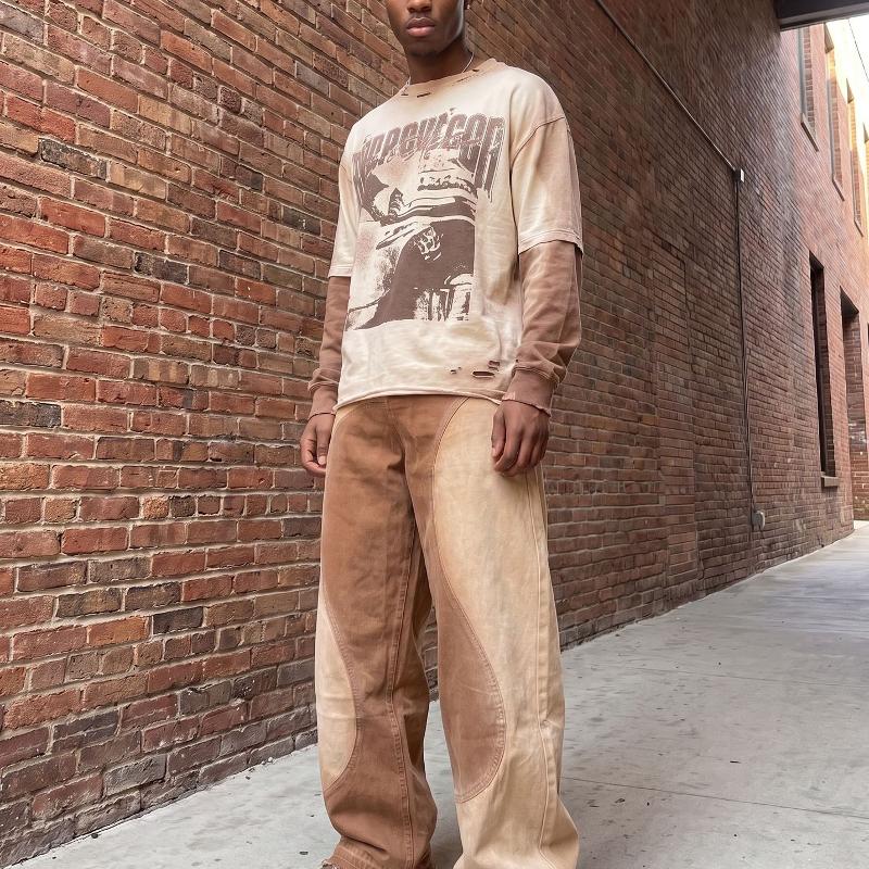 Men Color Block Spliced Wide Leg Jeans Vintage Washed Contrast Panel Denim Trousers High Waist Loose Baggy Fit Streetwear Pants Button Zip Fly